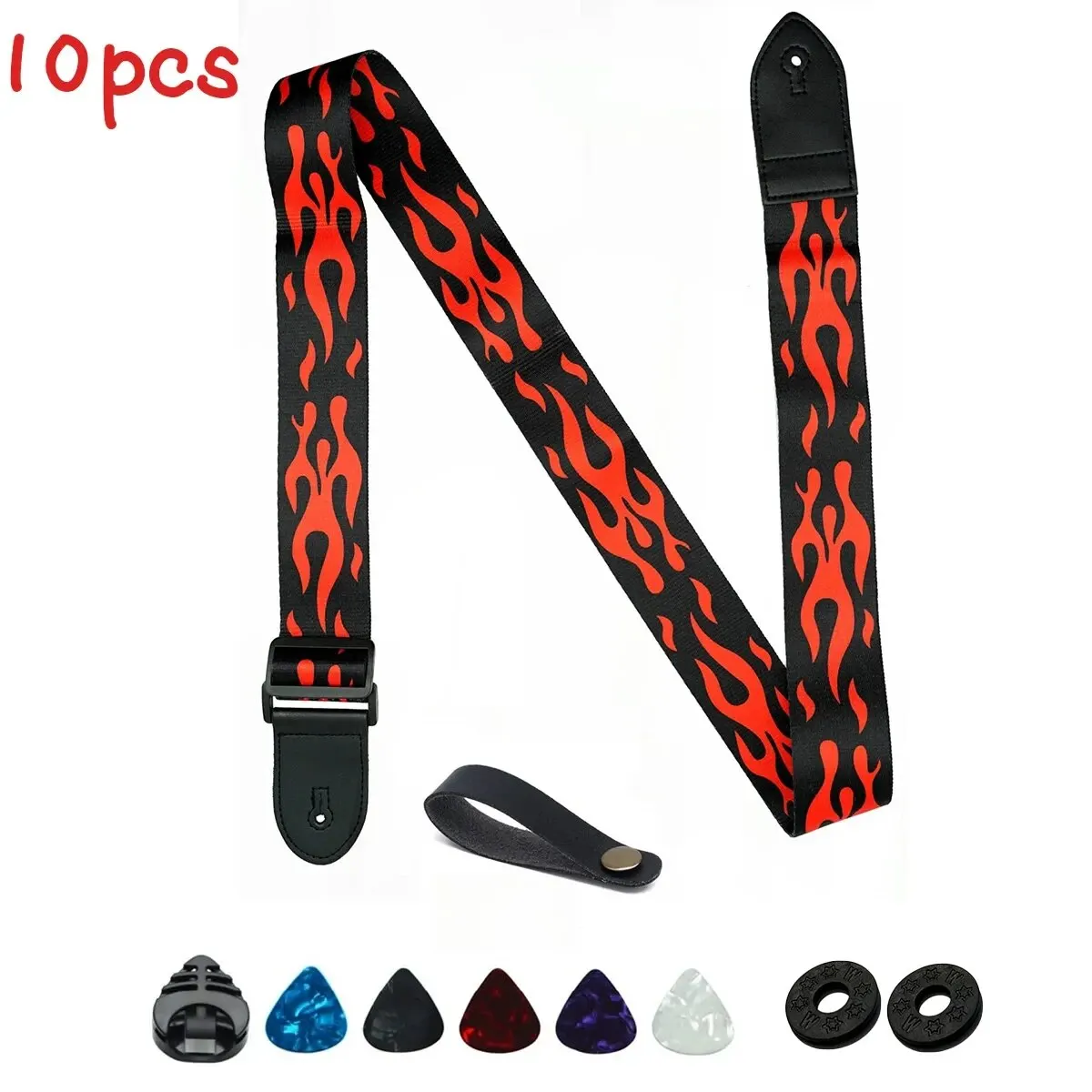 10Pcs Guitar Strap, Electric Guitars and Bass,Red Flame Black Guitar Strap Belt Includes 5 Guitar Picks and 1 Hold and 2 Washers