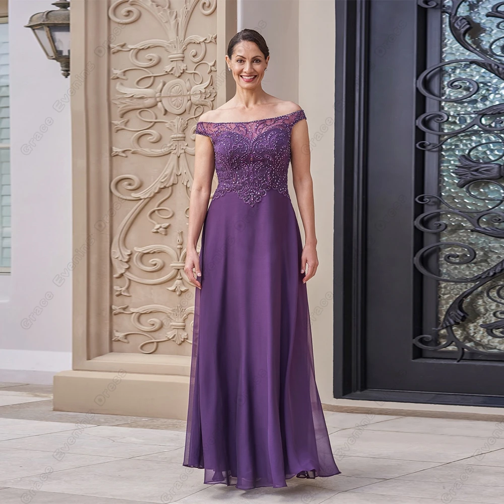 

Vintage Off Shoulder Purple Mother of Bride Dresses Boat Neck Beach Chiffon Mother of Bride Dresses with Beading Robe De Soirée