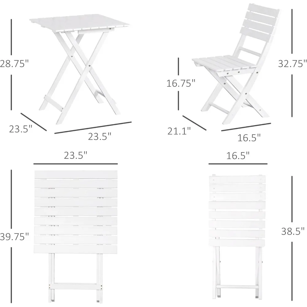 3 Piece Bistro Set, Wood Folding Outdoor Furniture with Table & Chairs for Backyard & Balcony, Square, White 4