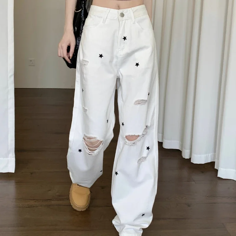 

Graphic Straight Leg Trousers Torn Ripped Womens Jeans with Print Pants for Women High Waist Shot White Pattern Star Holes Gyaru