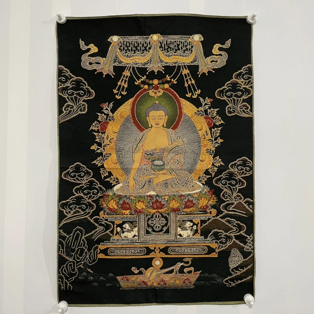

Tangka Embroidery Black Frame Medicine Master Buddha Decorative Hanging Picture
