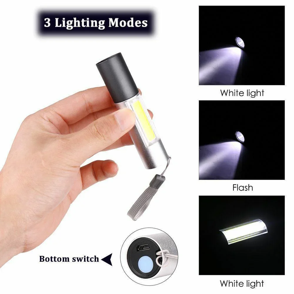 STONEGO 미니 LED 손전등, 줌 가능 USB 충전식 방수 램프, 3 가지 스위치 모드, 휴대용 토치, 야외 플래시 라이트