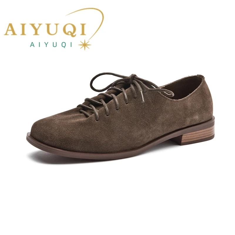 AIYUQI Women Loafers Shoes Genuine Leather Thick Heels Student Shoes Female Lace Up British Style Lady Oxford Footwear women loafers shoes