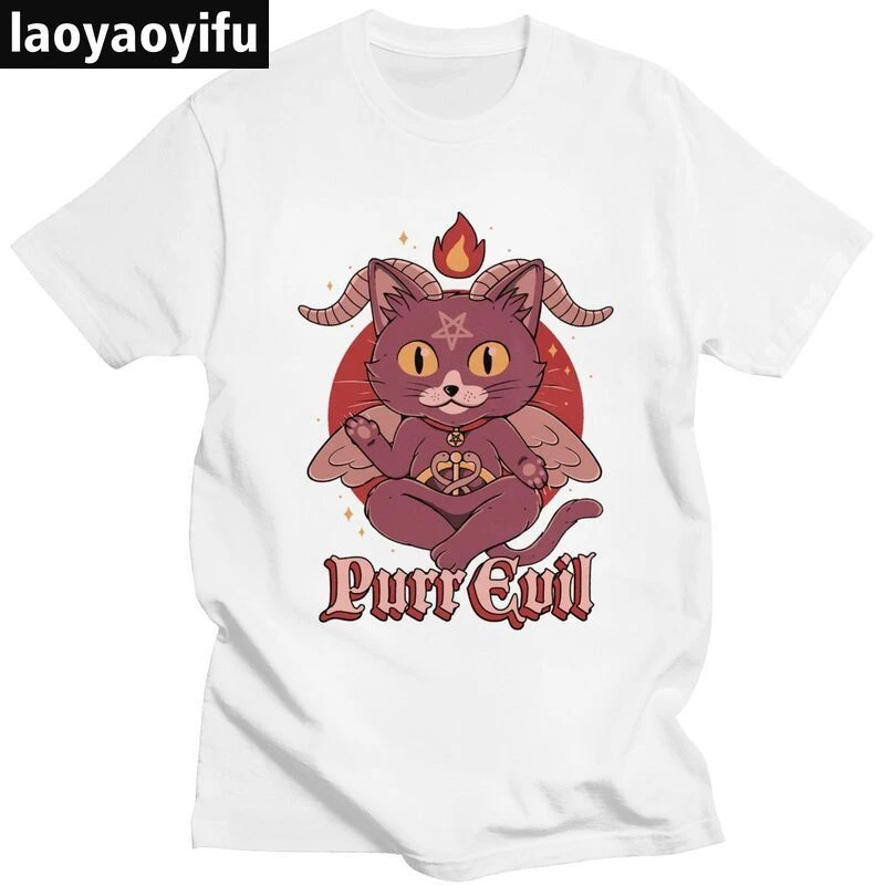 Kawaii Lucifero Occulto Goat Print Tshirt Cute Baphomet Purr Evil Men Top Maglietta Divertente Donna Uomo Casual Allentato Tee Ropa Hombre