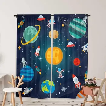 Space Galaxy Curtains for Kids Room, Universe Planet Astronaut Drapes, Boys Girls Nursery Bedroom Window Panels, 2PCs Set