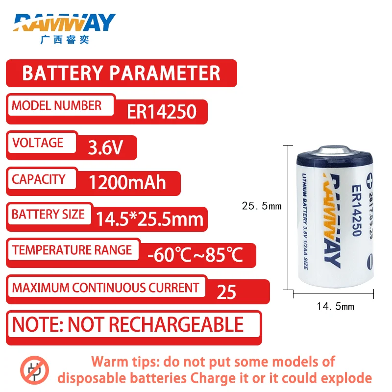 Ramway Batterie 3.6v Lithium 14250 -Pile 3.6 volt Taille 1/2 AA