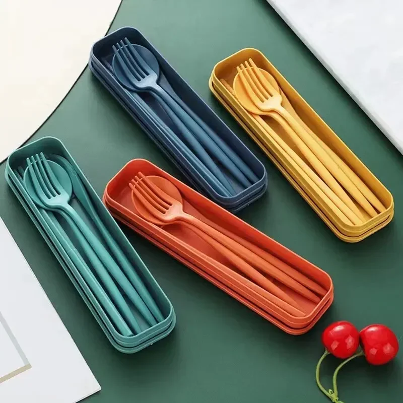 Cutlery Set 4-piece Wheat Straw Tableware Knives Forks Spoons Chopsticks New Portuguese Plastic Portable Tableware Set Dinnerware Set