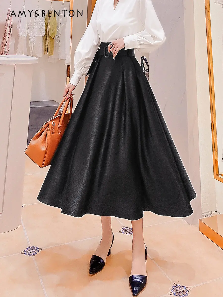 

Solid Color Hepburn Style Skirt Women's Mid-Length Design Skirts High-Grade 2023 Spring High Waist A- Line Umbrella Skirt