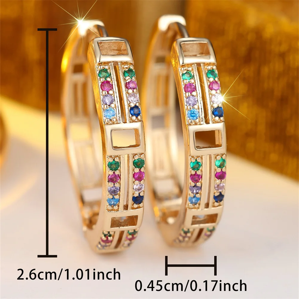 Rainbow Zircon Round Stone Trendy Hollow Square Hoop Earrings For Women Vintage Gold Color Small Ear Buckle Wedding Jewelry Gift