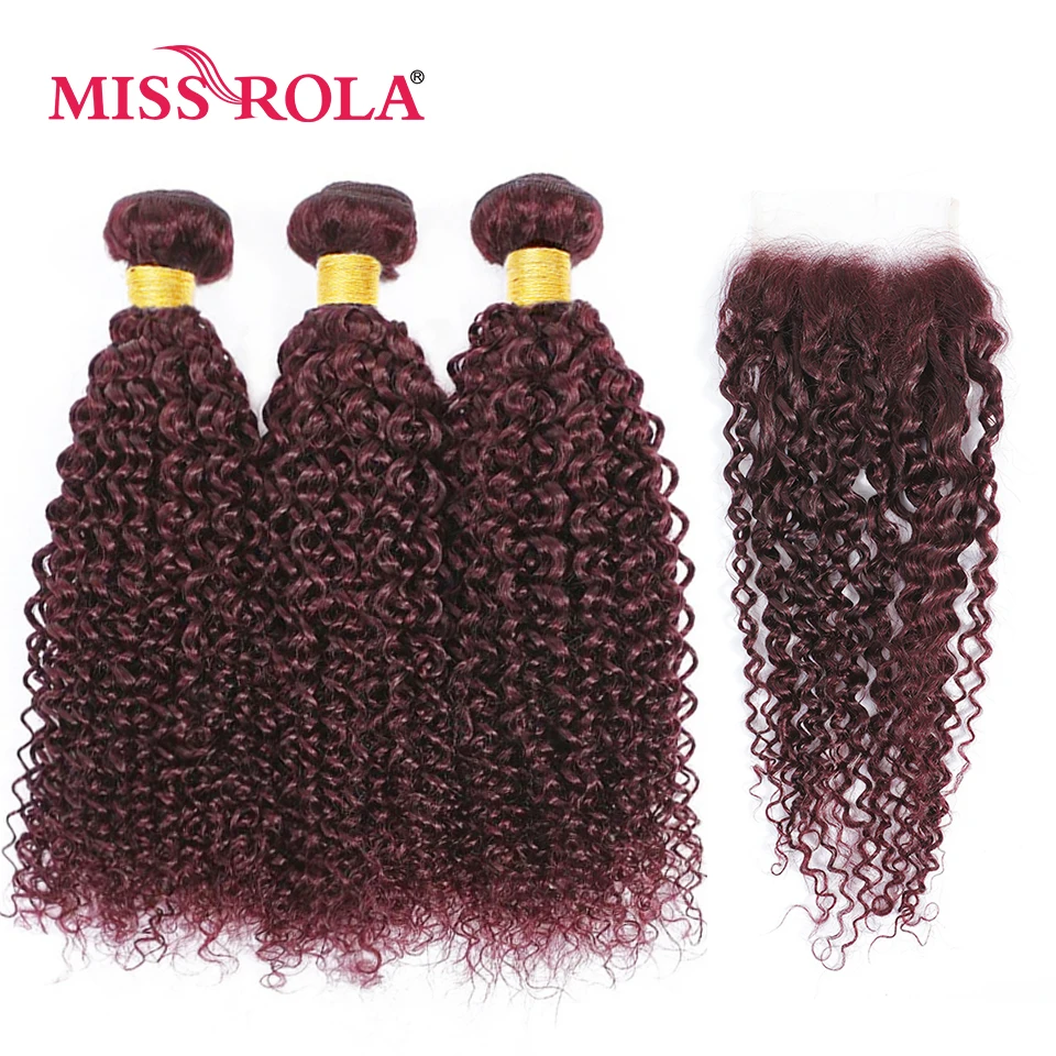 

Miss Rola Brazilian Kinky Curly Human Hair Weavs With 4x4 Lace Closure Blonde 99J 30# Ombre Quality Remy Hair Bundles Closures