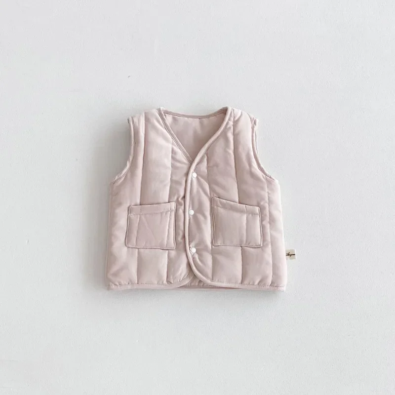 한국 스타일 가을 겨울  여아 조끼, 단색 조끼, 두꺼운 브이넥, 따뜻한 민소매 면 안감 아우터, H4T02