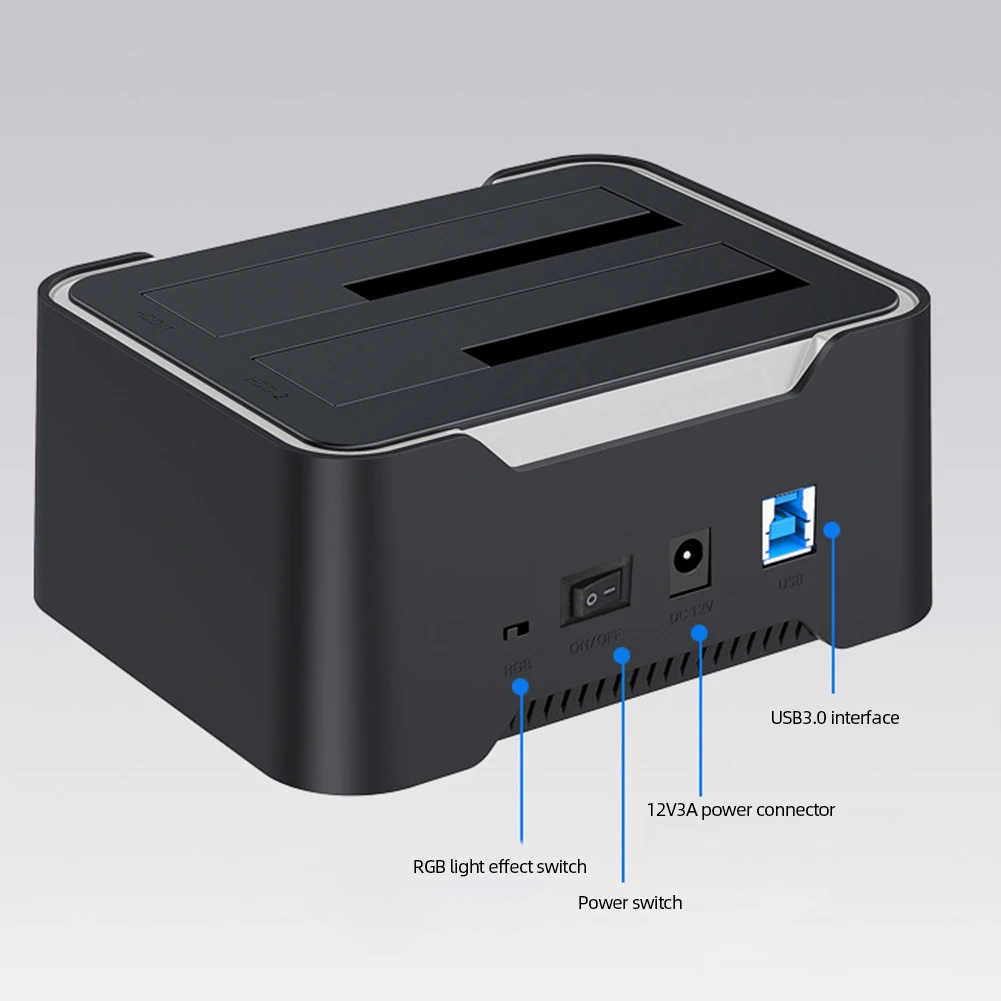 Dual-bay HDD Docking Station USB3.0 Mobile Hard Drive Copy Box Base External Hard Drive Docking for 2.5/3.5 Inch SATA Disk