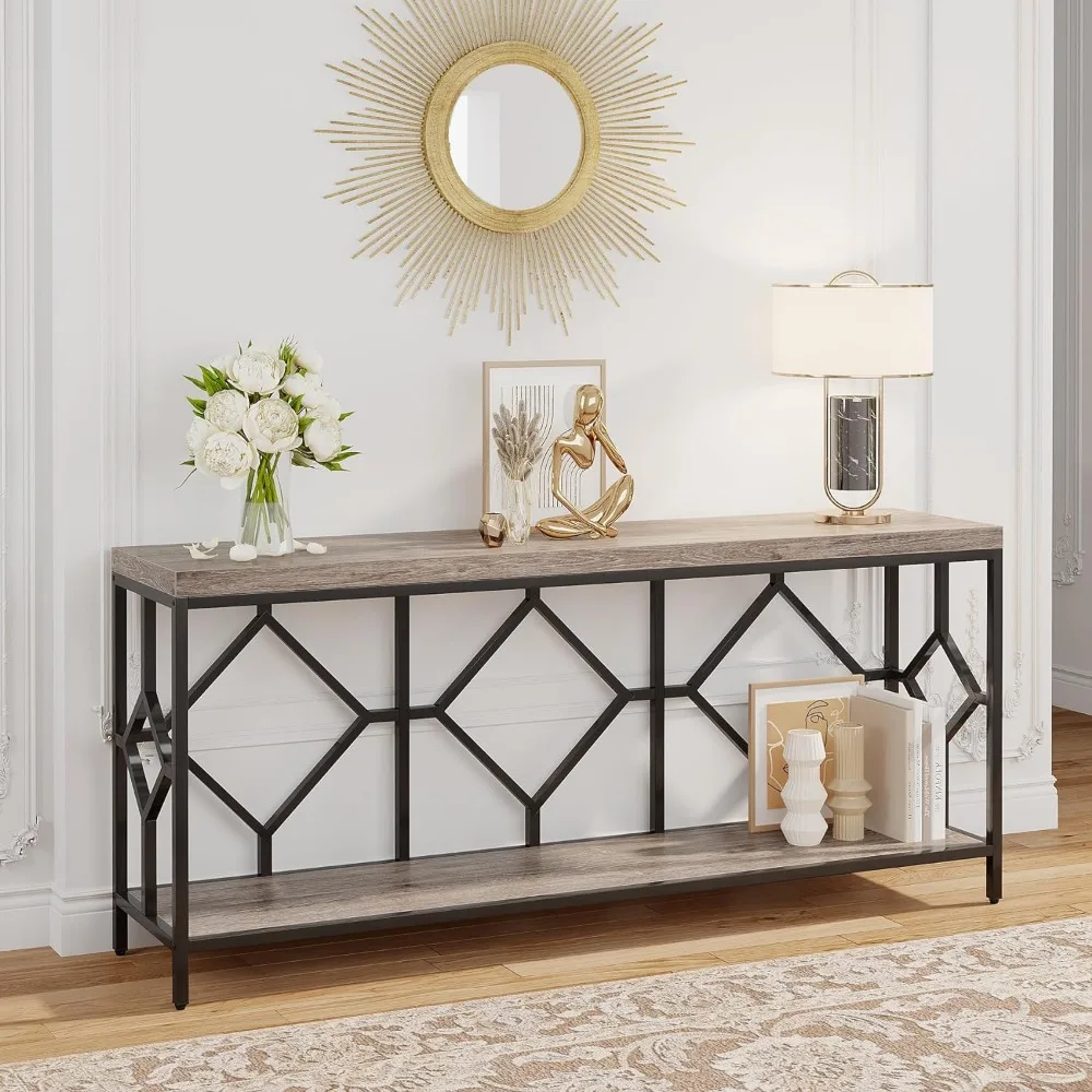 71 Inch Extra Long Sofa Table, Narrow Long Sofa Console Tables Behind Couch Table with Open Storage Shelf