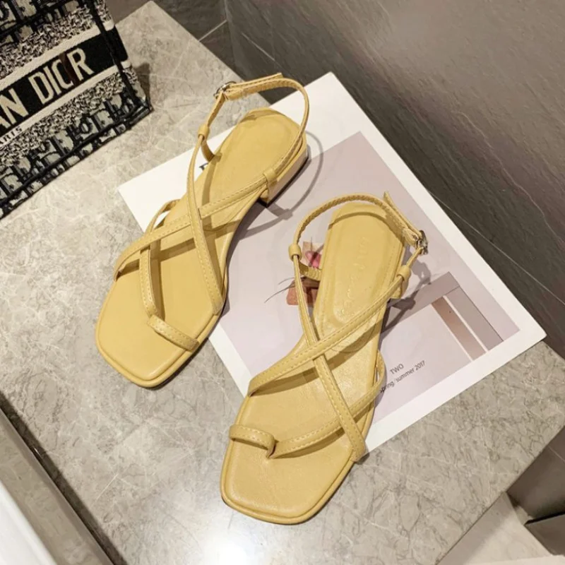 

2022 Sandals Ladies Shoes Summer Buckle Strap Flip Flops Platform Women's Heels Med Suit Female Beige Square Toe New Shoes