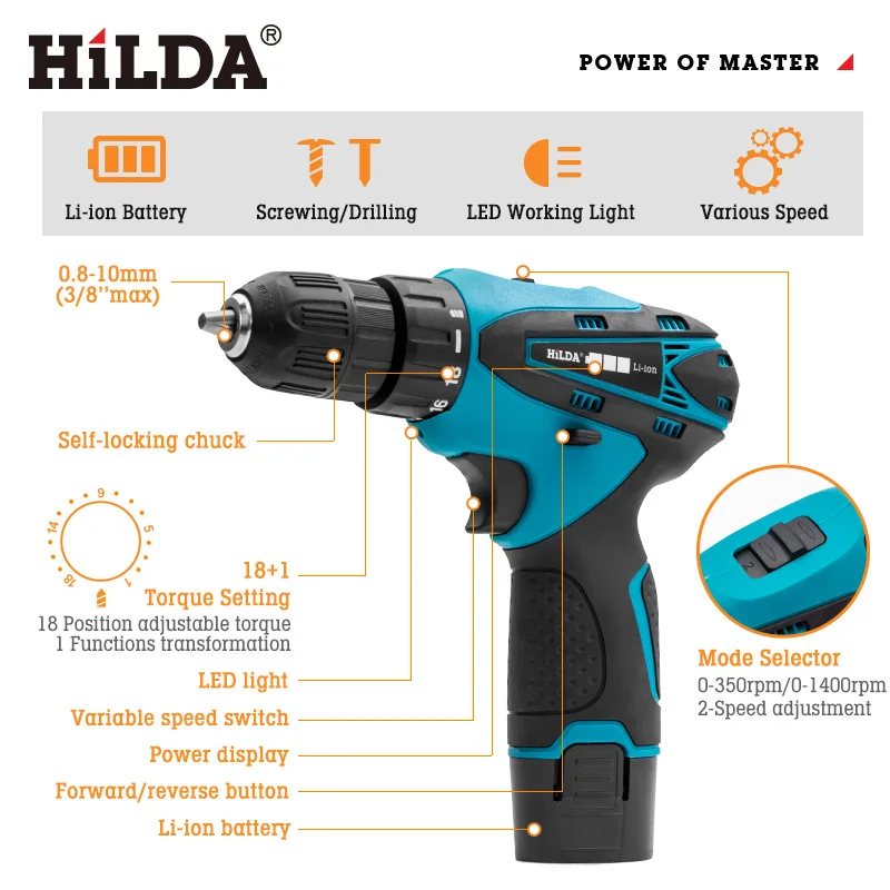 Hilda-2 단 충전식 무선 전기 스크루 드라이버, 리튬 배터리 LED 조명, 방수 핸드 전기 드릴 12 v, 2 개