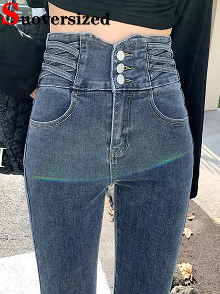 Jeans Skinny A Vita Alta Pantaloni A Matita 2024 Donna New Vintage Stretch Vaqueros Pantalones Casual Fahion Button Fly Denim Spodnie