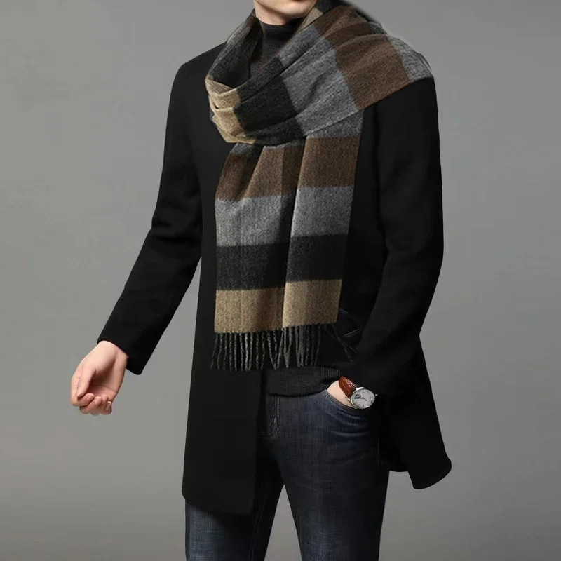 100% Wool Scarf Men Women Thick Plaid Soft Warm Classic Business Muffler Winter Tassel Shawl