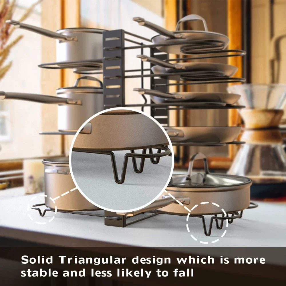 5/8 Tiers Adjustable Pots and Pans Organizer Rack 3 DIY Methods Heavy Duty Metal Pans Pots Lids Storage Holder Rack for Kitchen 2
