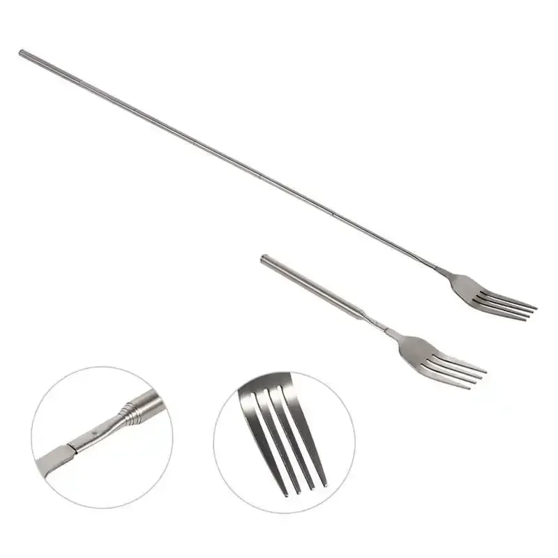Retro Fork BBQ Telescopic Extendable Dinner Fruit Dessert Long Handle Fork Stainless Steel Cutlery Tableware Bento Box fruit fork expandable fork