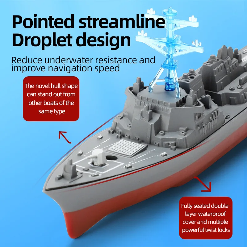 Détail du pont du bateau RC télécommandé 2.4G - maquette de navire de guerre avec canons et antenne.