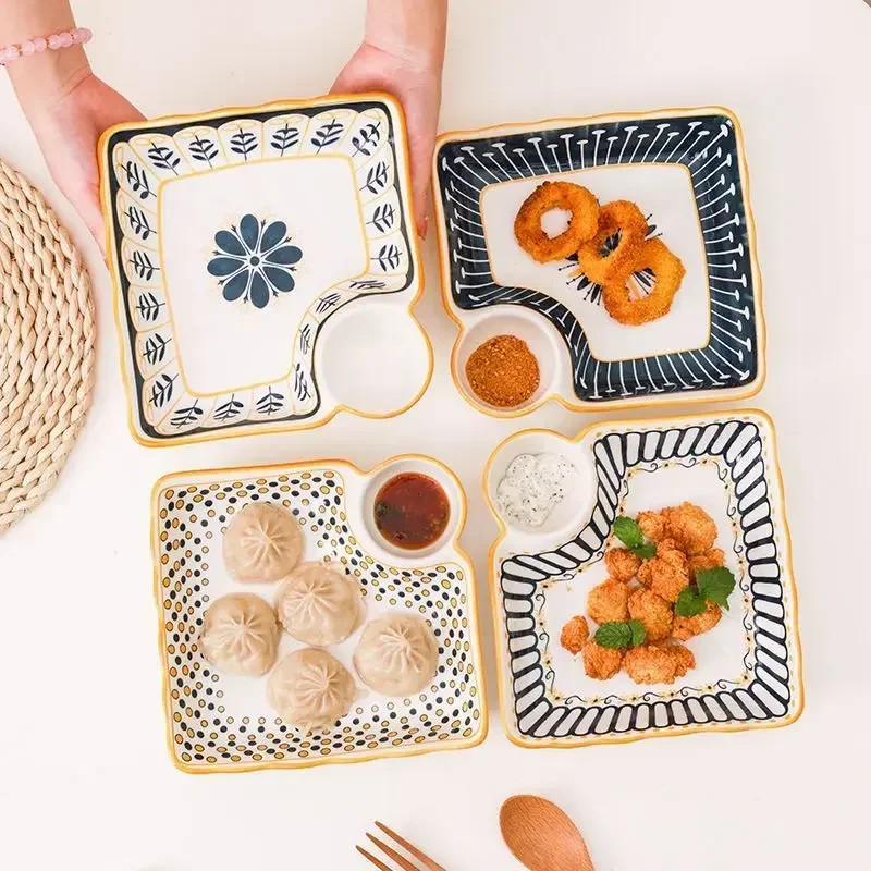 Dumpling Plate with Vinegar Dish Household Ceramic Plate Breakfast Compartment High-Grade Dumpling