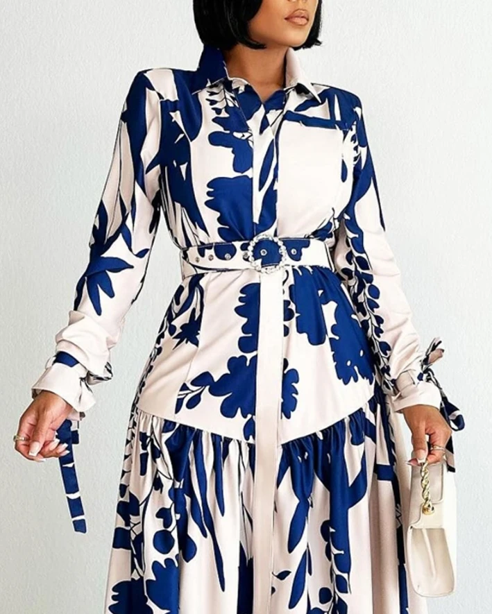 

Платье-рубашка А-силуэта с отложным воротником и длинным рукавом