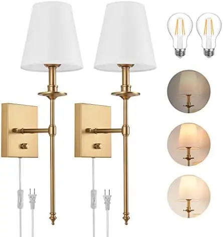 

Set of Two with Remote, Dimming 10%-100% & Adjustable Colors 2700K-6500K, Hardwired Lamps with White Fabric Shades, Mounte Cha
