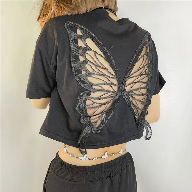 Butterfly Wings Black Crop Tshirts for Women E-girl Dark Academia Grunge Clothes Pullovers Tees