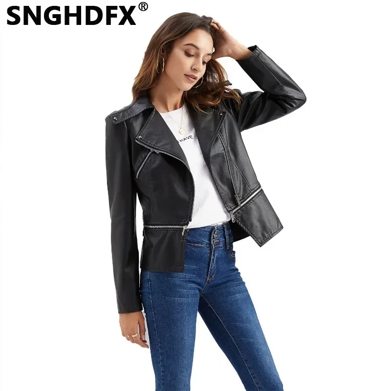 

SNGHDFX Women's Detachable Hem Coats Female Clothing Leather Jackets Motor Biker Spring Autumn Winter 2024 Fashion Long Sleeve