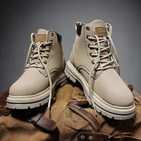 Winter men's leather waterproof high top boots fashionable and versatile motorcycle boots warm boots with laces anti slip soles