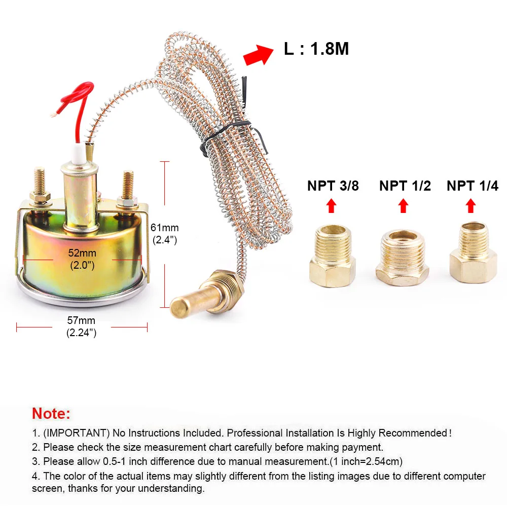 2 52MM 기계식 12V 수온 게이지 50-140 ℃ /130-280 ℉ 센서 NPT 1/2, NPT 1/4,NPT 3/8이 있는 수온 게이지 자동차 미터