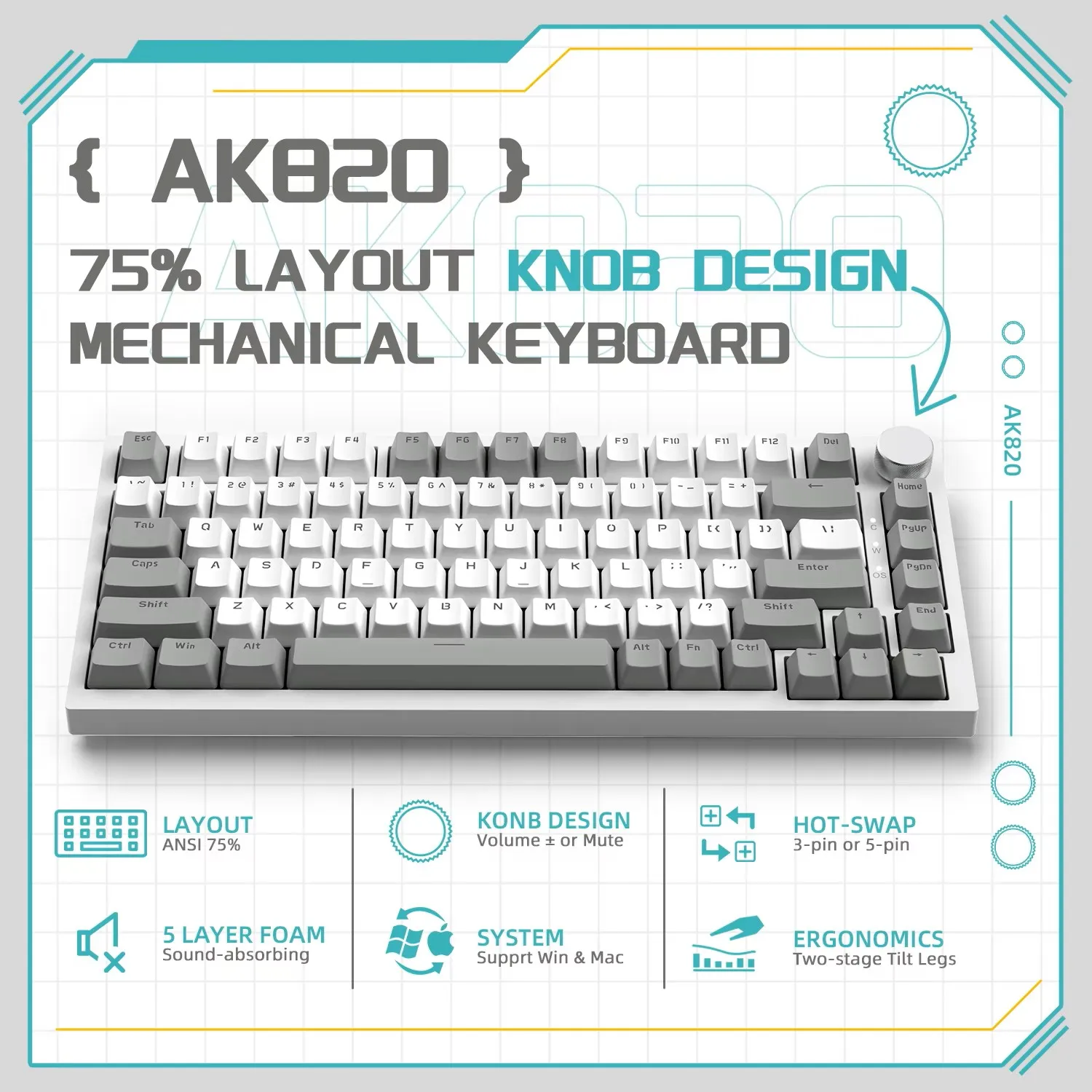 AK820 유선 풀키 핫스왑 키보드 탈착식 USB 포트 화이트/아이스 블루 백라이트 프리미엄 센스 컬러웨이