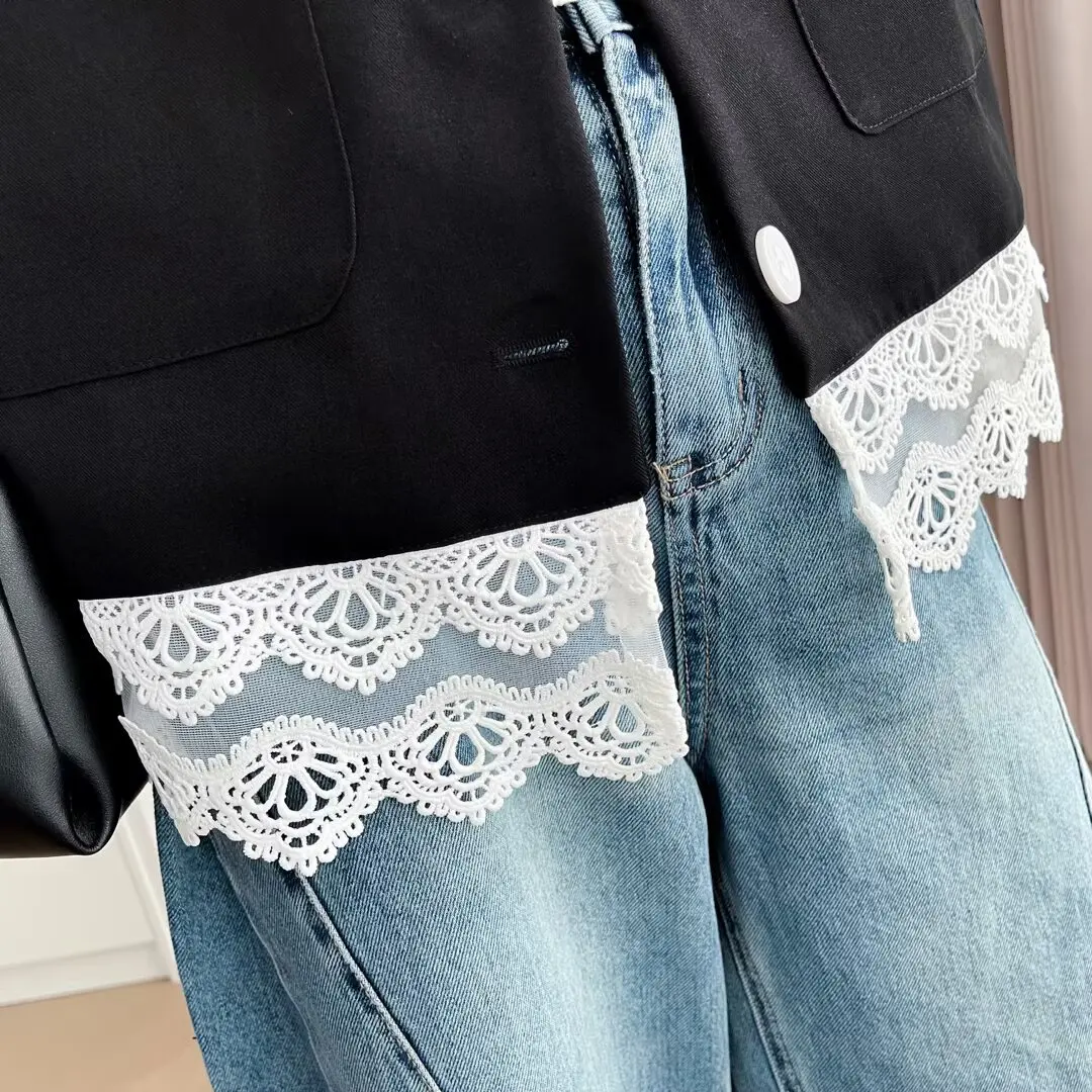 Fashion Plus Size Women's Sleeveless Vets New Autumn Black V-Neck Lace Hemmed Waistcoat 930