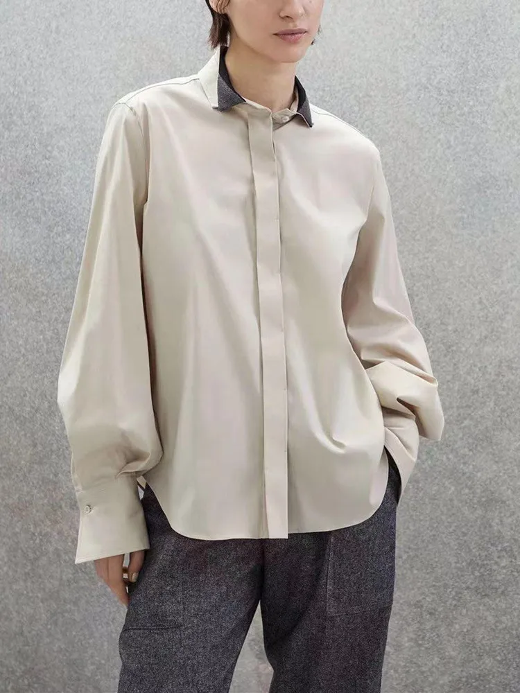 

Women's Irregular Blouse 2 Colors Long Sleeve Splices Single Breasted Casual Ladies All-Match Autumn New 2023 Shirts