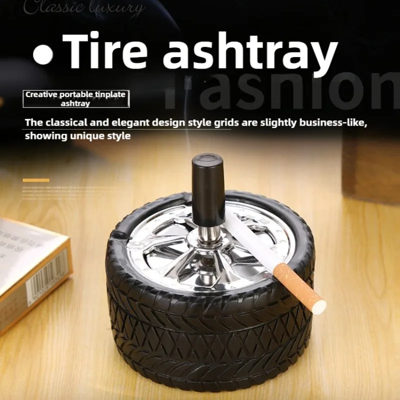 Creative Tire Ashtray Stainless Steel Push Down Spinning Ashtray Self-Cleaning for Smoking Office Home Decoration