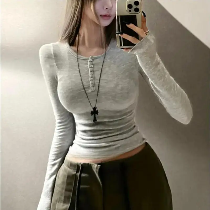 Fashion Versatile Long Sleeve Tight-fitting Tees Korean Spring Summer Women See-through T-Shirts Half-Open Collar Button Tops 2