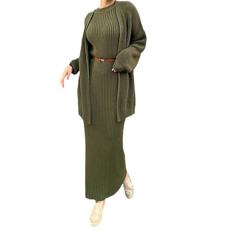 Set Woman 2 Pieces Elegant 2024 Lazy Style Long Sleeved Knitted Cardigan and Round Neck High Waisted Long Skirt Set for Women
