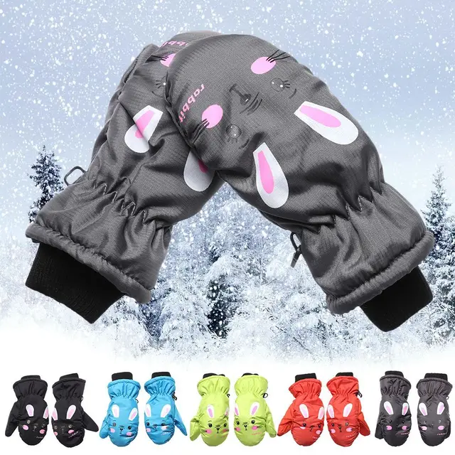 Kids Winter Ski Gloves Cartoon Rabbit Warm Mittens Non-slip Waterproof Windproof Outdoor Sports Cycling Gloves For Boys Girls