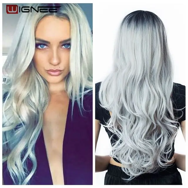 WIGNEE Bluish Light Blue Wig Synthetic Ombre Long Wavy Body Wave Side Part Heat Resistant Natural Hair Wigs For Women Cosplay 1b Grey
