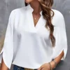 Pluse Size V-neck Summer Elegant Women's Blouse Solid Color Loose Shirt Short Sleeve Casual White Tops Office Lady Tops Clothing
