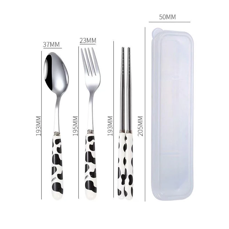 Cartoon Cow Portable Stainless Steel Tableware Cute Gift Set Spoon Three-Piece Including Chopsticks