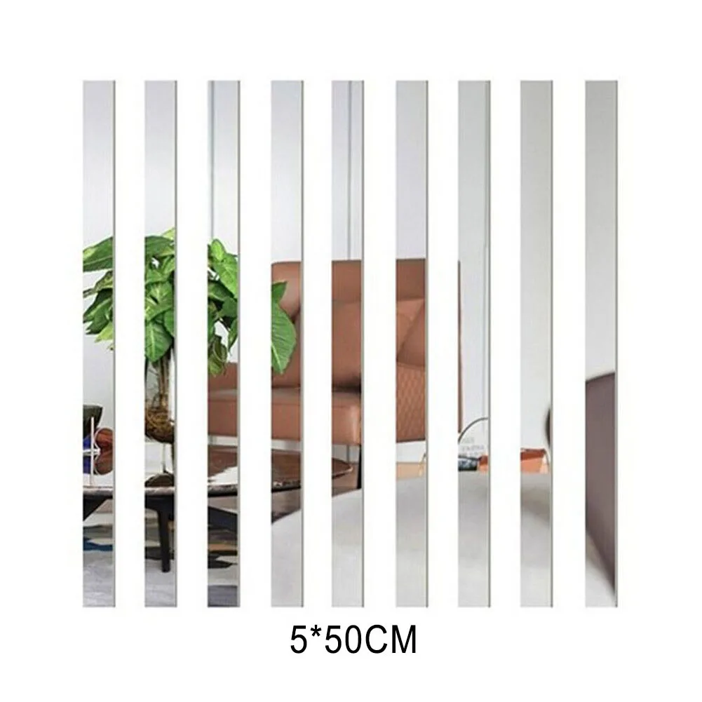 

10Pcs Long Strip Acrylic Mirror Mosaic Wall Sticker Living Room Bedroom Decor 5×50cm Waistline Mirror Wall Sticker