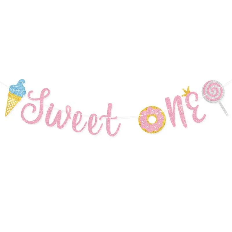Glitter Sweet Doughnut Theme Banners Candy Bar SWEET ONE Ice Cream Garland for Baby Shower 1st Girl Birthday Party Decoration