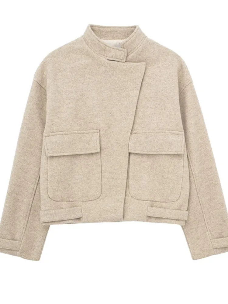

2023 Autumn Winter Solid Woolen Coats Fashion Stand Collar Long Sleeves Short Jackets Ladies High Street Warm Thickened Outwear