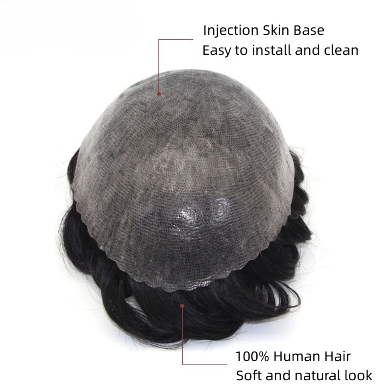 Injection Skin Toupee 0.12mm Durable Full Pu Wig For Men Natural Male Hair Prosthesis 100% Human Hair System Capillary Man Wig