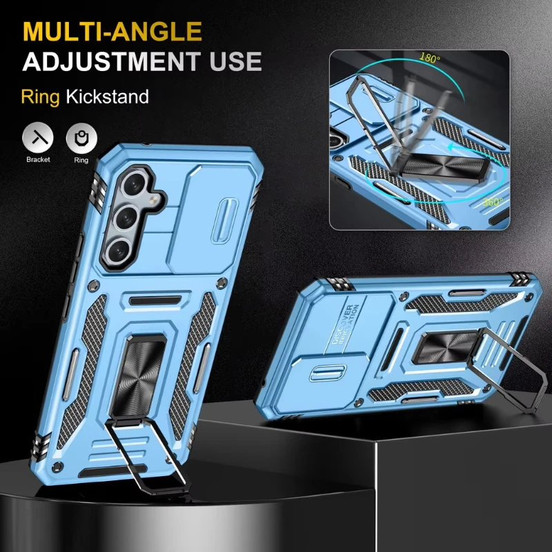 Shockproof Armor Phone Case with Slide Camera Protector and Magnetic Hybrid Ring Cover
