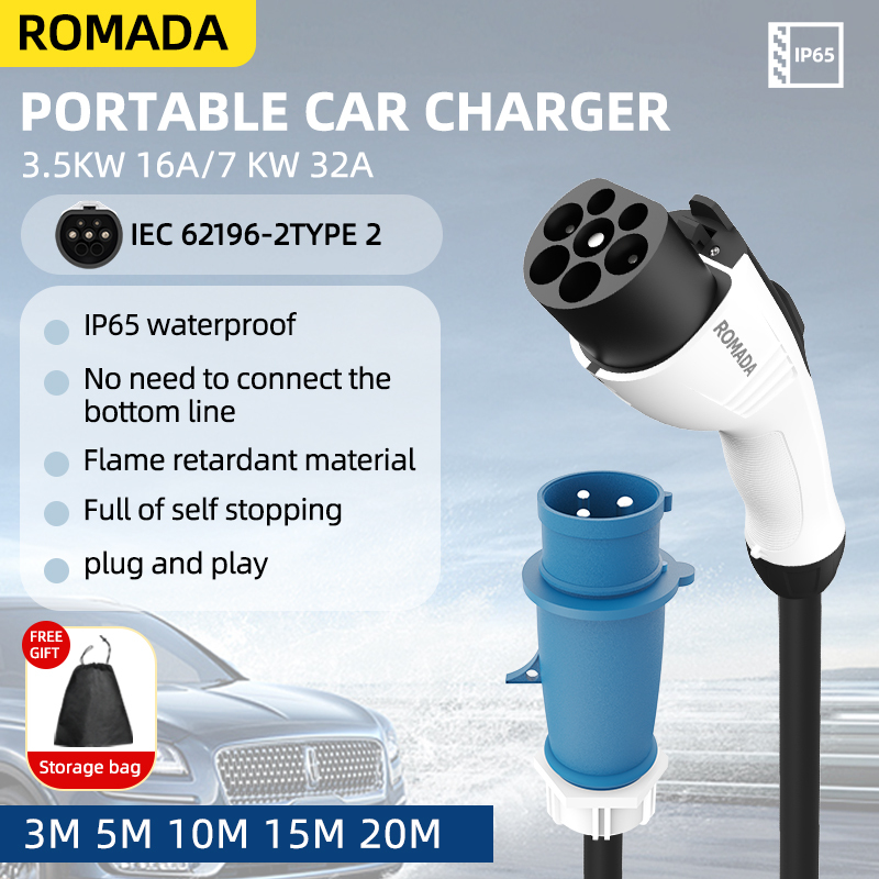 3.5KW 16A EV Portable Charger 3M 5M 10M 15M 20M Cable Type2 IEC62196 EVSE EU Plug Wallbox Adapter For Electric Vehicle