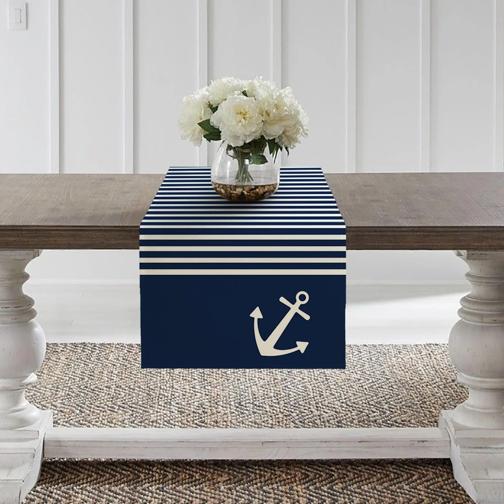 1pc Nautical Theme Table Runner Ocean Adventure Boat Anchor Compass Pattern Design Decorative Table Runner Kitchen Table Decor 4