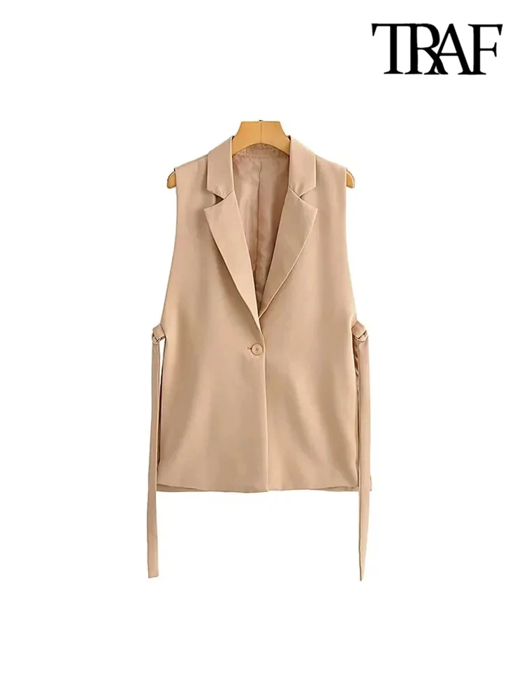 TRAF Women Fashion With Taps Side Vents Waistcoat Vintage Sleeveless Front Button Female Outerwear Chic Vest Tops 2