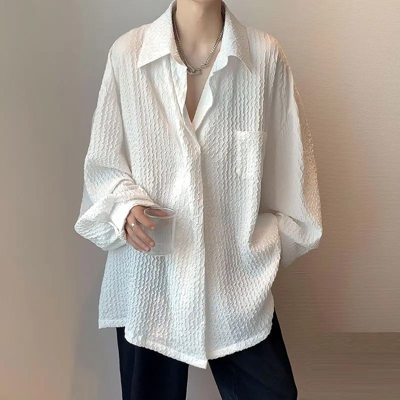 Mens Korean Fashion Harajuku Streetwear Y2K Single Button Shirts Spring Autumn Oversized White Chic Tops Long Sleeve Ropa Hombre